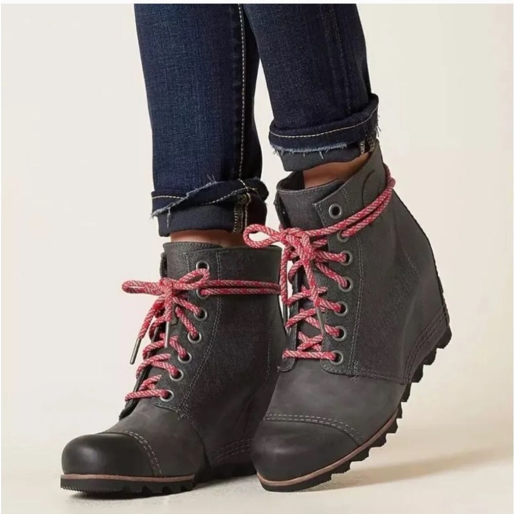 Sorel PDX Premium Wedge Waterproof Gray Leather Coated Canvas Boots Sz 11